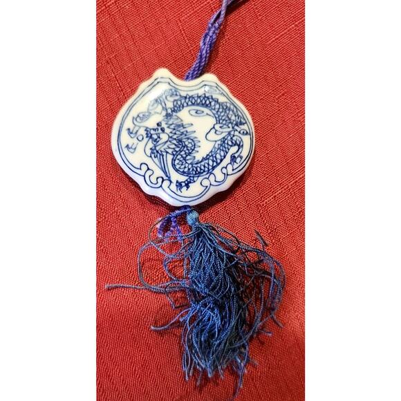 Dragon Pendant Necklace ~ Blue String w/ Blue & White Beads 19” - Picture 4 of 6